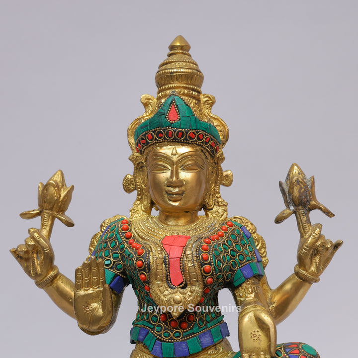 Handcrafted Brass Goddess Lakshmi Statue with Colorful Stone Inlay