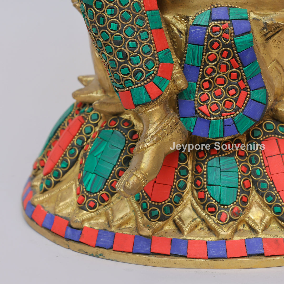 Handcrafted Brass Goddess Lakshmi Statue with Colorful Stone Inlay