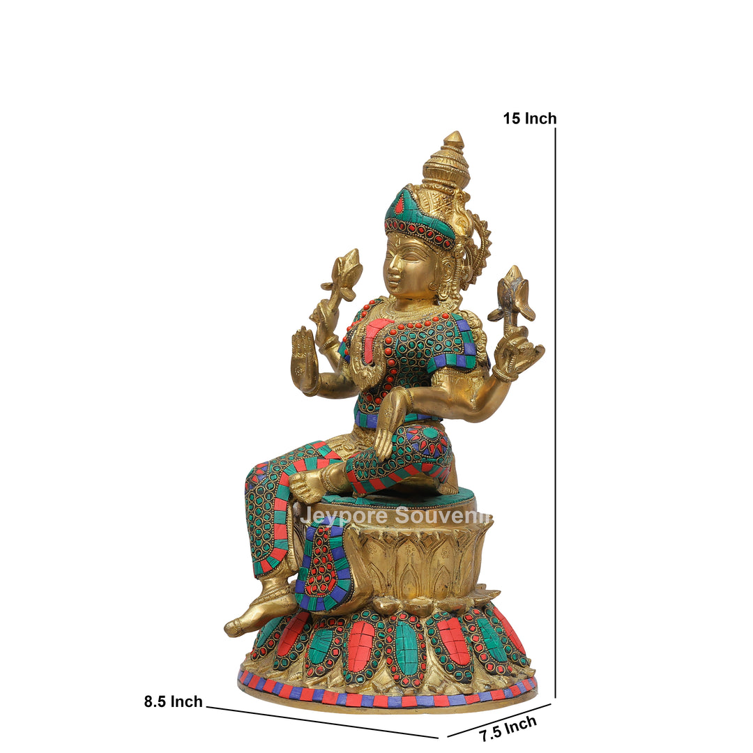 Handcrafted Brass Goddess Lakshmi Statue with Colorful Stone Inlay