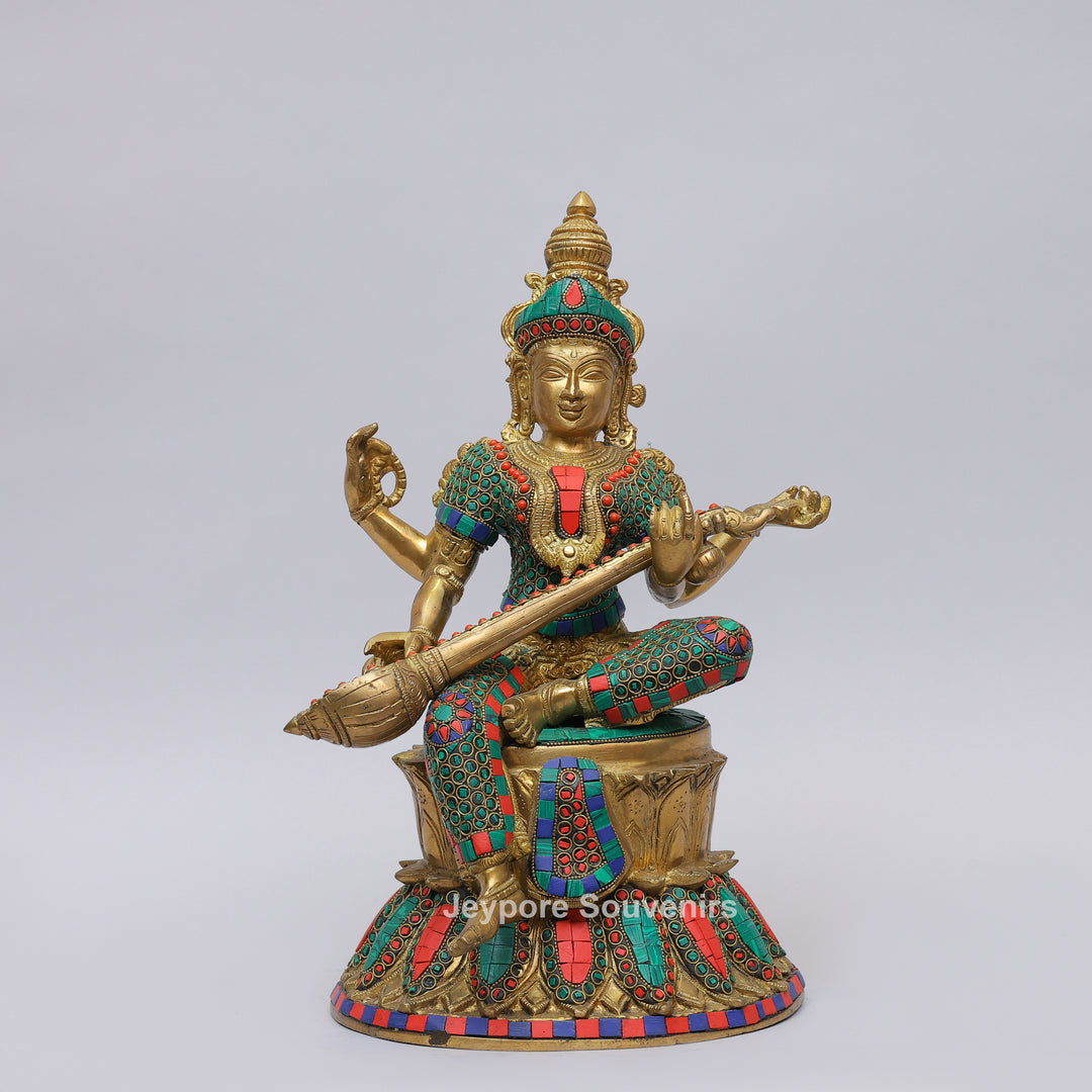 Handcrafted Brass Goddess Saraswati Statue with Veena &amp; Colorful Inlay