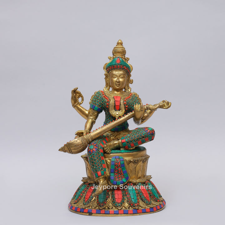 Handcrafted Brass Goddess Saraswati Statue with Veena &amp; Colorful Inlay