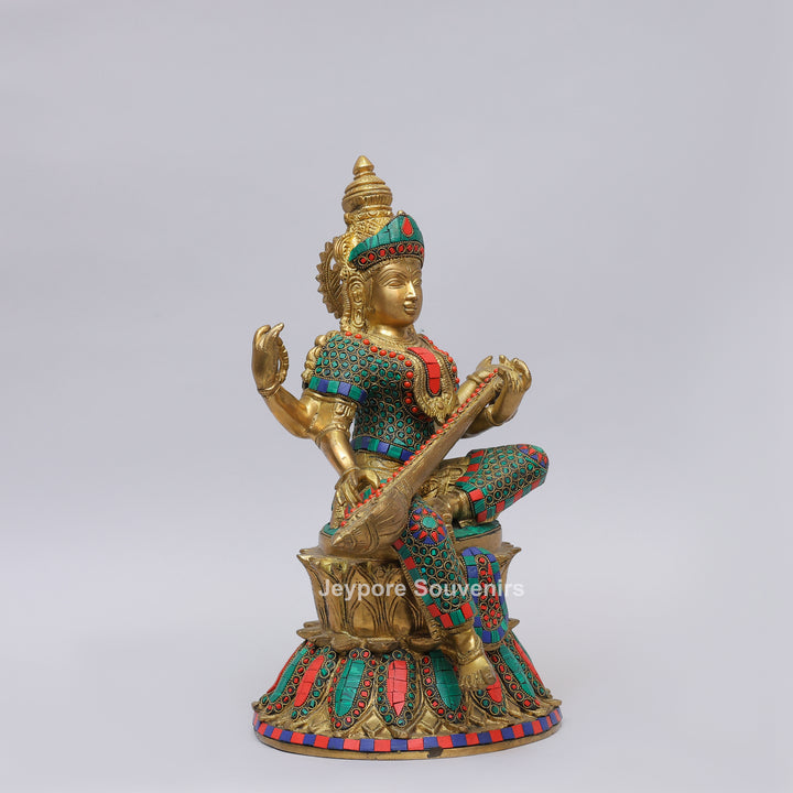 Handcrafted Brass Goddess Saraswati Statue with Veena &amp; Colorful Inlay