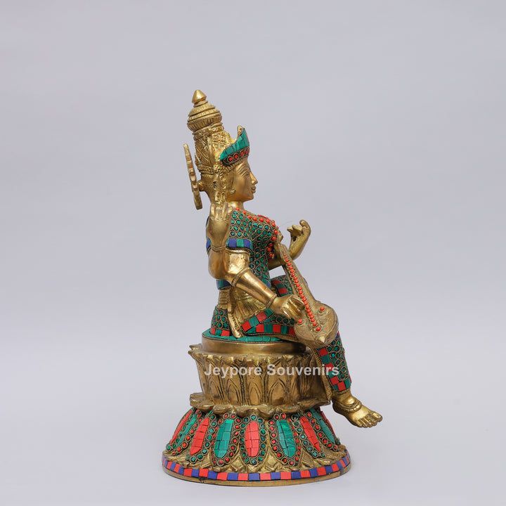 Handcrafted Brass Goddess Saraswati Statue with Veena &amp; Colorful Inlay