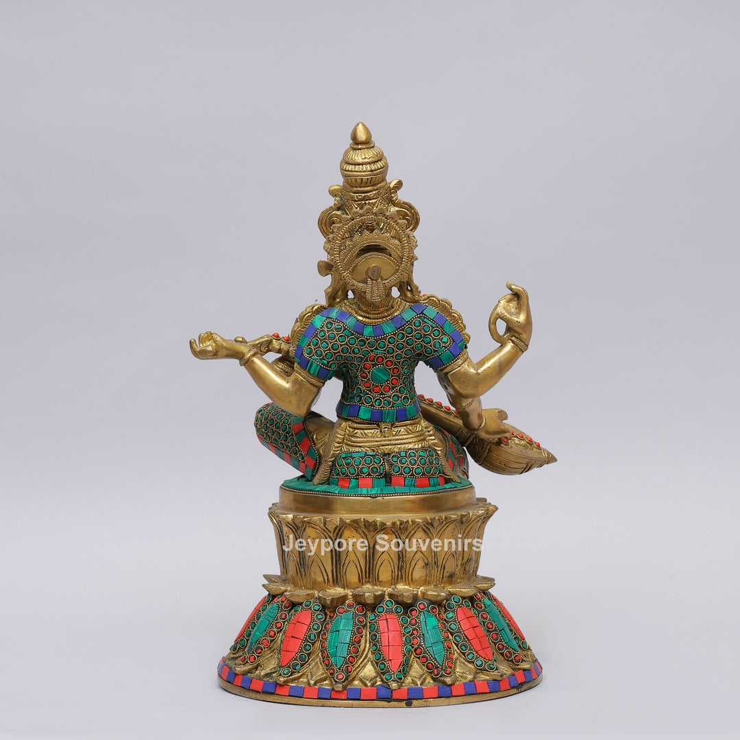 Handcrafted Brass Goddess Saraswati Statue with Veena &amp; Colorful Inlay