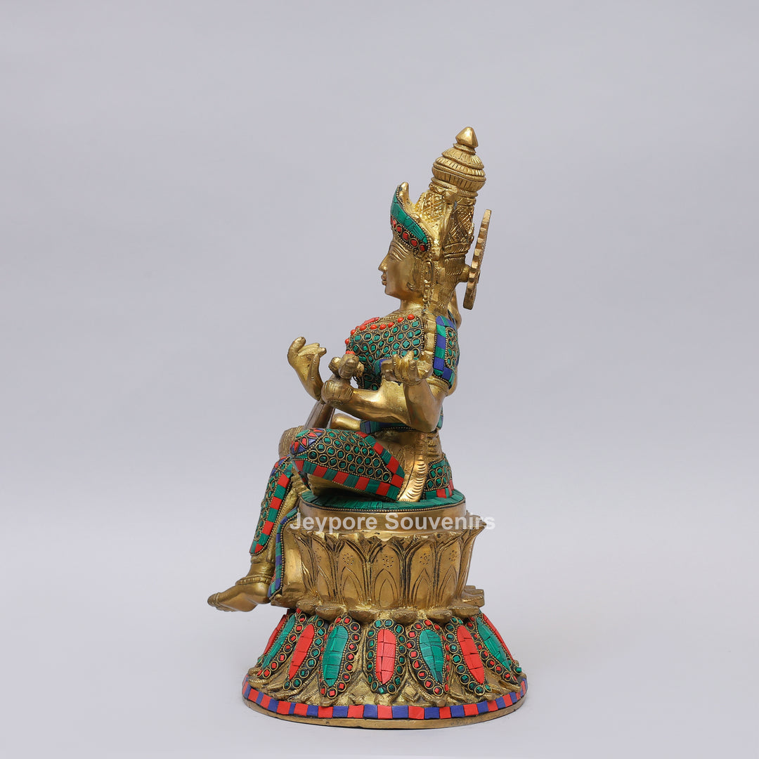 Handcrafted Brass Goddess Saraswati Statue with Veena &amp; Colorful Inlay