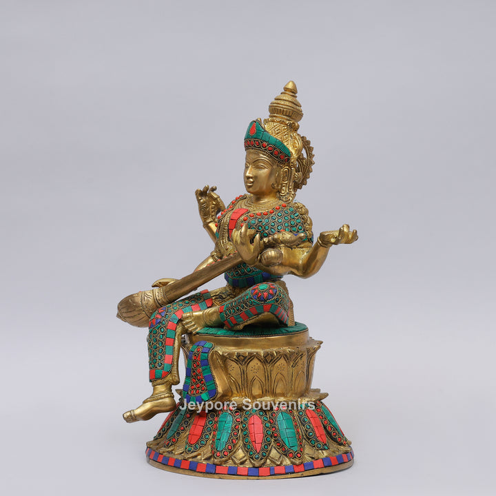 Handcrafted Brass Goddess Saraswati Statue with Veena &amp; Colorful Inlay
