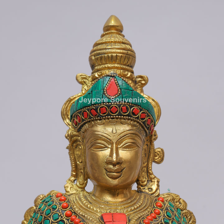 Handcrafted Brass Goddess Saraswati Statue with Veena &amp; Colorful Inlay