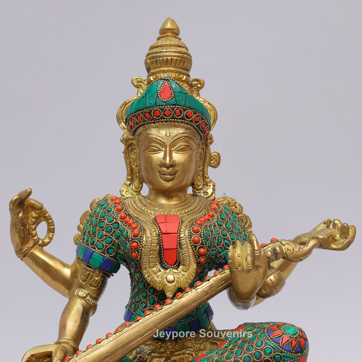 Handcrafted Brass Goddess Saraswati Statue with Veena &amp; Colorful Inlay