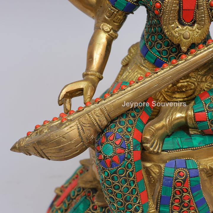 Handcrafted Brass Goddess Saraswati Statue with Veena &amp; Colorful Inlay