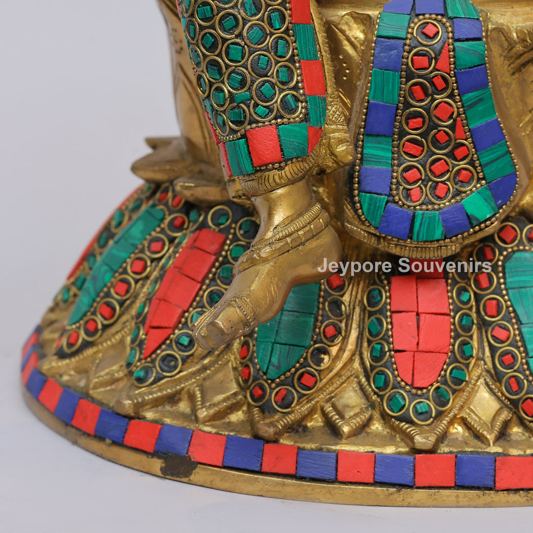 Handcrafted Brass Goddess Saraswati Statue with Veena &amp; Colorful Inlay