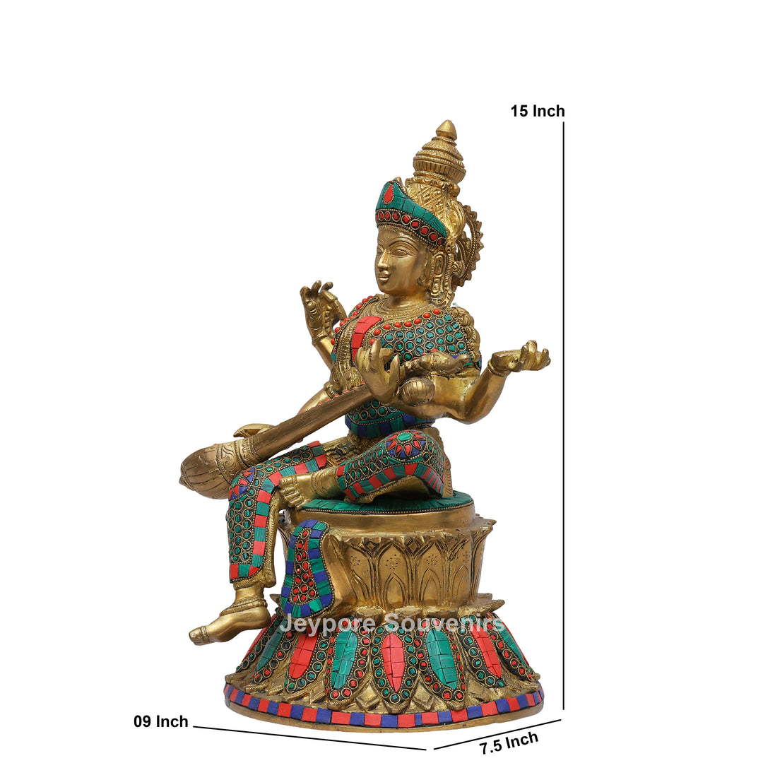 Handcrafted Brass Goddess Saraswati Statue with Veena &amp; Colorful Inlay