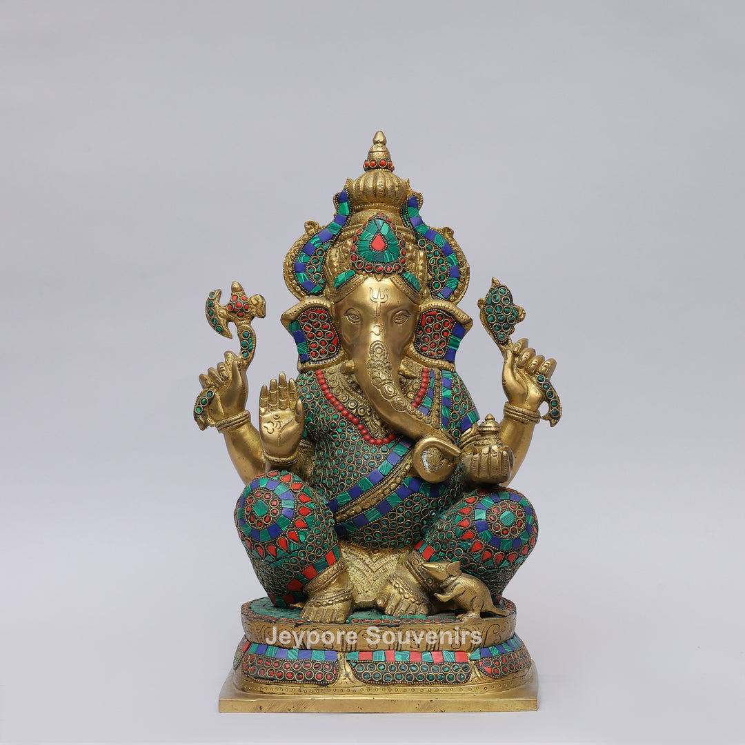 Handcrafted Brass Lord Ganesha Statue with Colorful Mosaic &amp; Stone Inlay