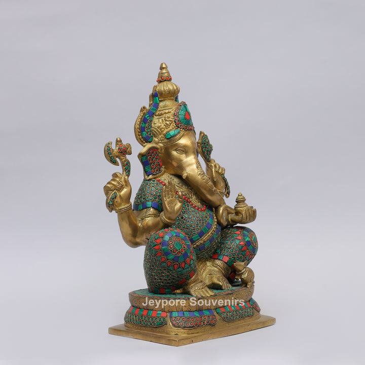 Handcrafted Brass Lord Ganesha Statue with Colorful Mosaic &amp; Stone Inlay