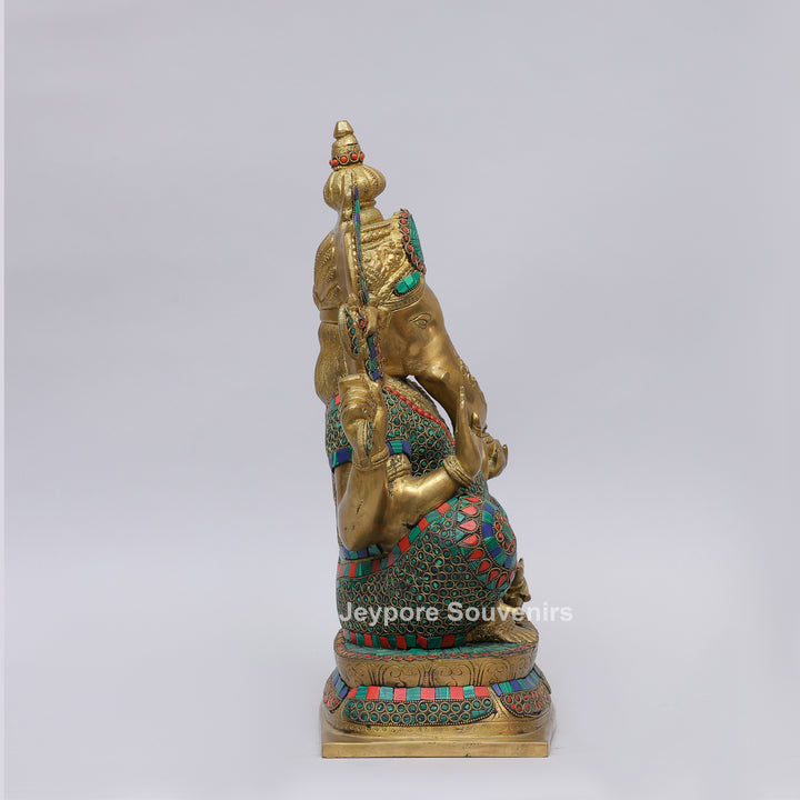 Handcrafted Brass Lord Ganesha Statue with Colorful Mosaic &amp; Stone Inlay