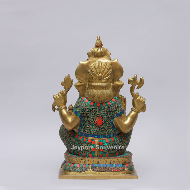 Handcrafted Brass Lord Ganesha Statue with Colorful Mosaic &amp; Stone Inlay
