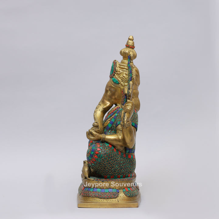 Handcrafted Brass Lord Ganesha Statue with Colorful Mosaic &amp; Stone Inlay