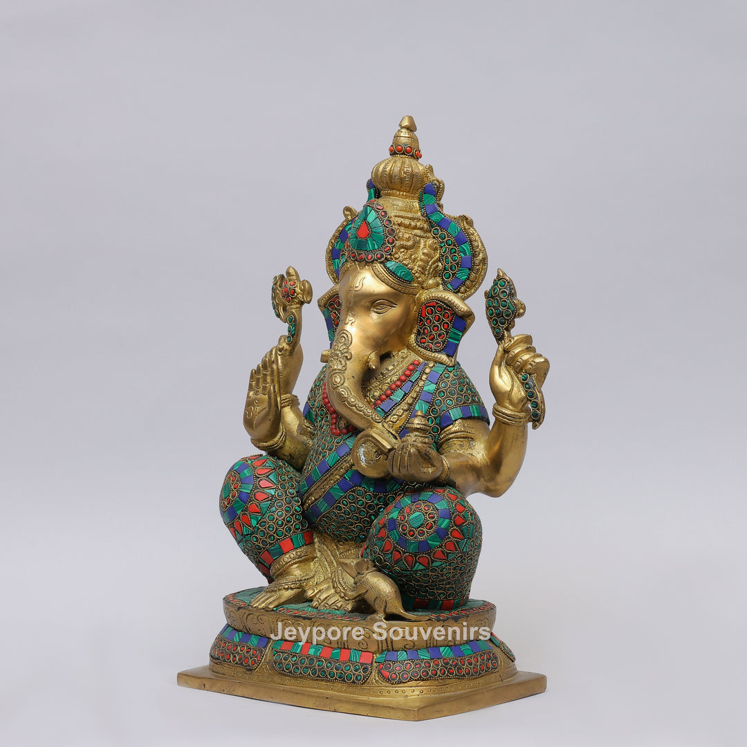 Handcrafted Brass Lord Ganesha Statue with Colorful Mosaic &amp; Stone Inlay