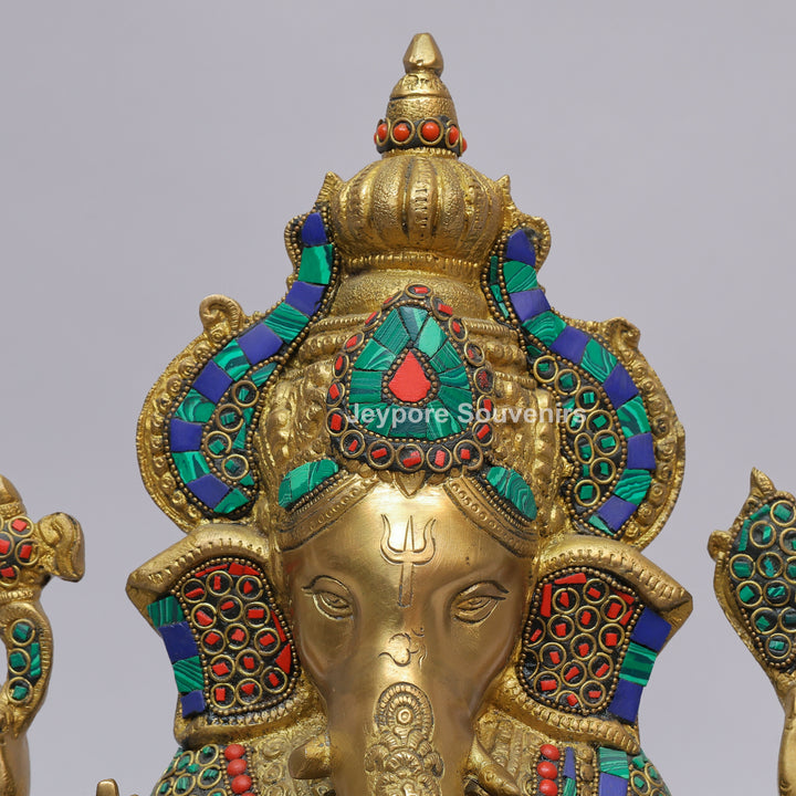 Handcrafted Brass Lord Ganesha Statue with Colorful Mosaic &amp; Stone Inlay
