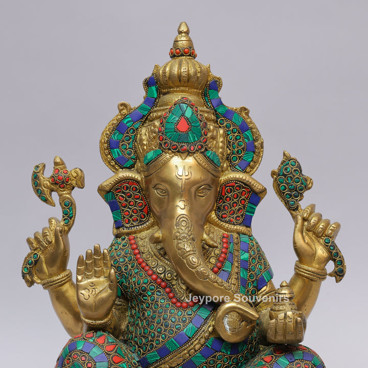Handcrafted Brass Lord Ganesha Statue with Colorful Mosaic &amp; Stone Inlay