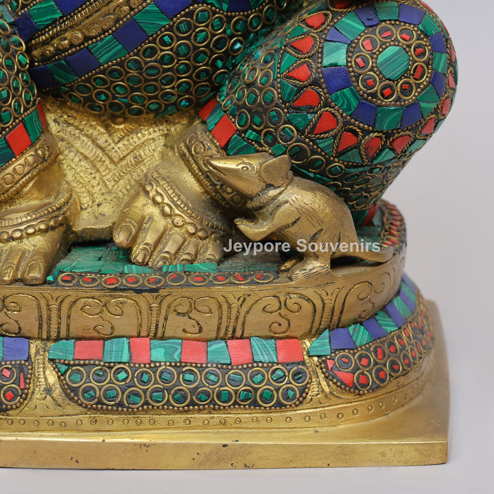 Handcrafted Brass Lord Ganesha Statue with Colorful Mosaic &amp; Stone Inlay