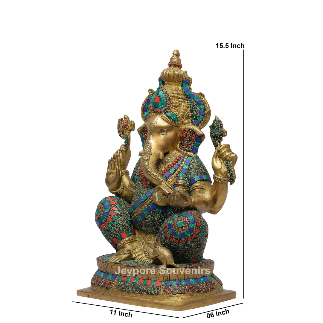 Handcrafted Brass Lord Ganesha Statue with Colorful Mosaic &amp; Stone Inlay