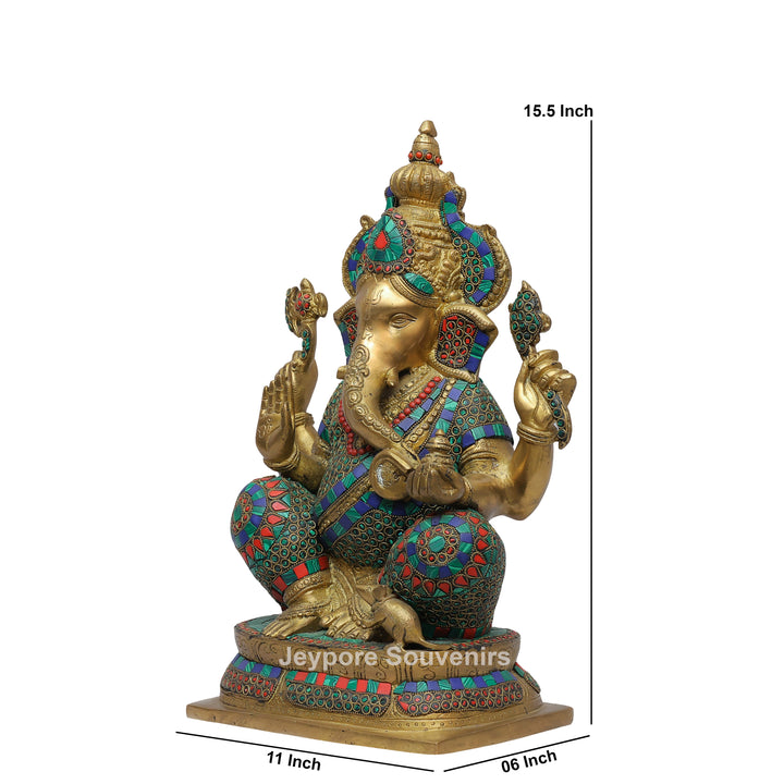 Handcrafted Brass Lord Ganesha Statue with Colorful Mosaic &amp; Stone Inlay