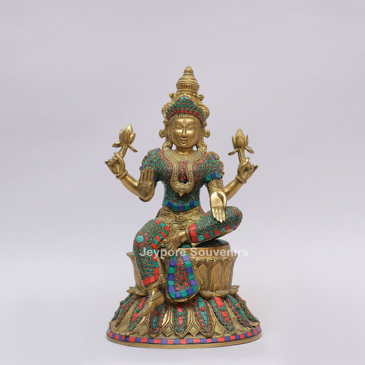 Handcrafted Brass Goddess Lakshmi Statue with Turquoise &amp; Red Inlay