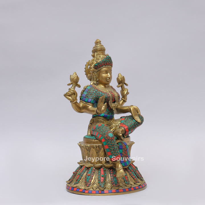 Handcrafted Brass Goddess Lakshmi Statue with Turquoise &amp; Red Inlay