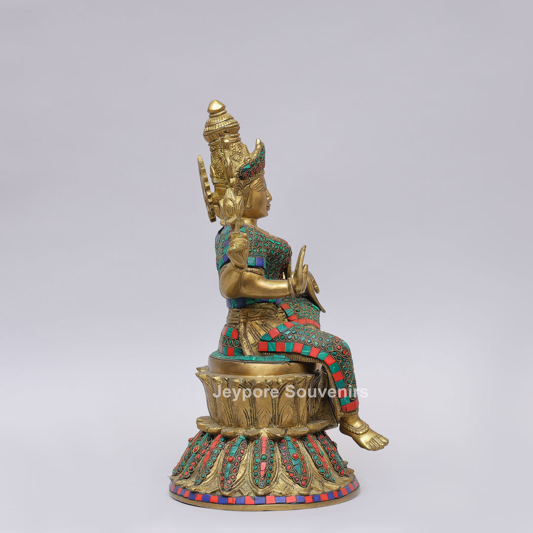 Handcrafted Brass Goddess Lakshmi Statue with Turquoise &amp; Red Inlay