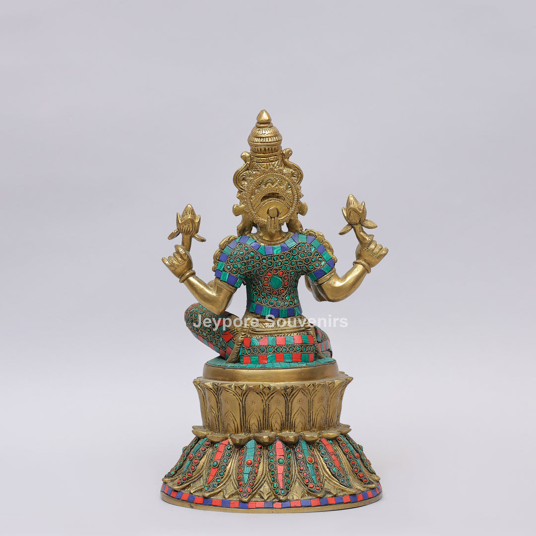 Handcrafted Brass Goddess Lakshmi Statue with Turquoise &amp; Red Inlay