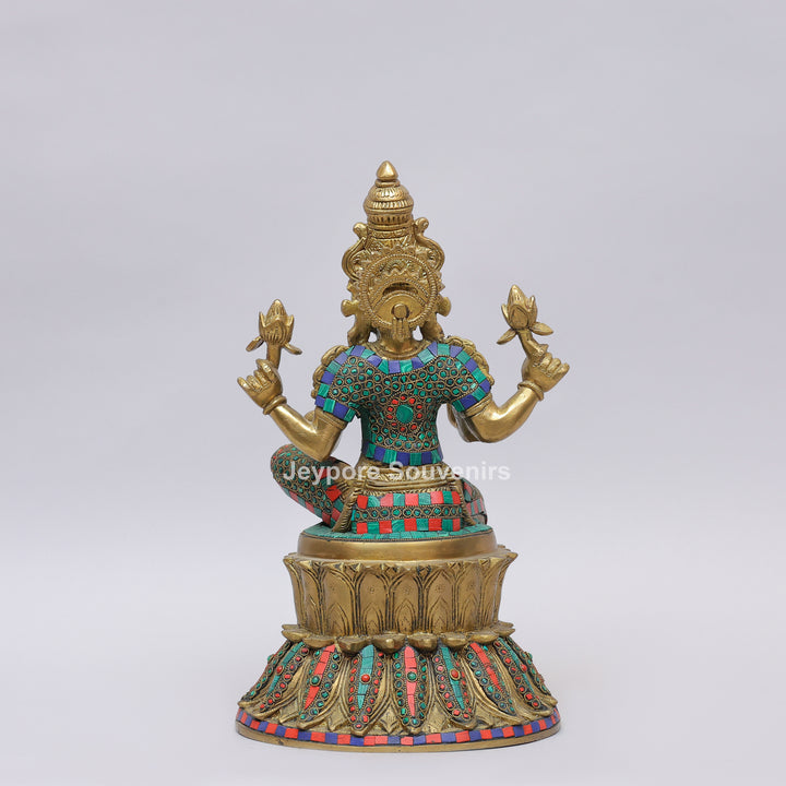 Handcrafted Brass Goddess Lakshmi Statue with Turquoise &amp; Red Inlay