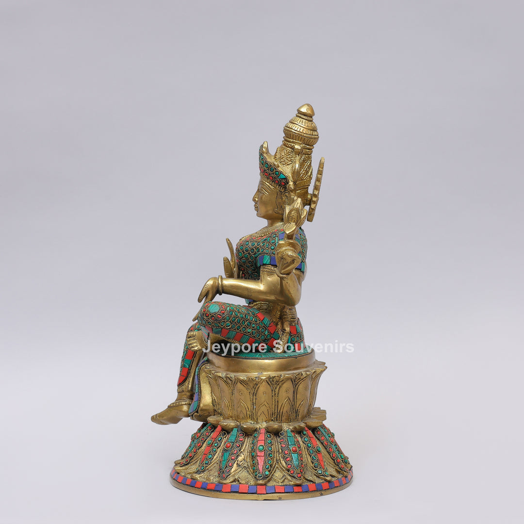 Handcrafted Brass Goddess Lakshmi Statue with Turquoise &amp; Red Inlay