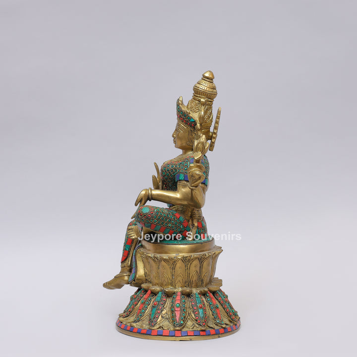 Handcrafted Brass Goddess Lakshmi Statue with Turquoise &amp; Red Inlay