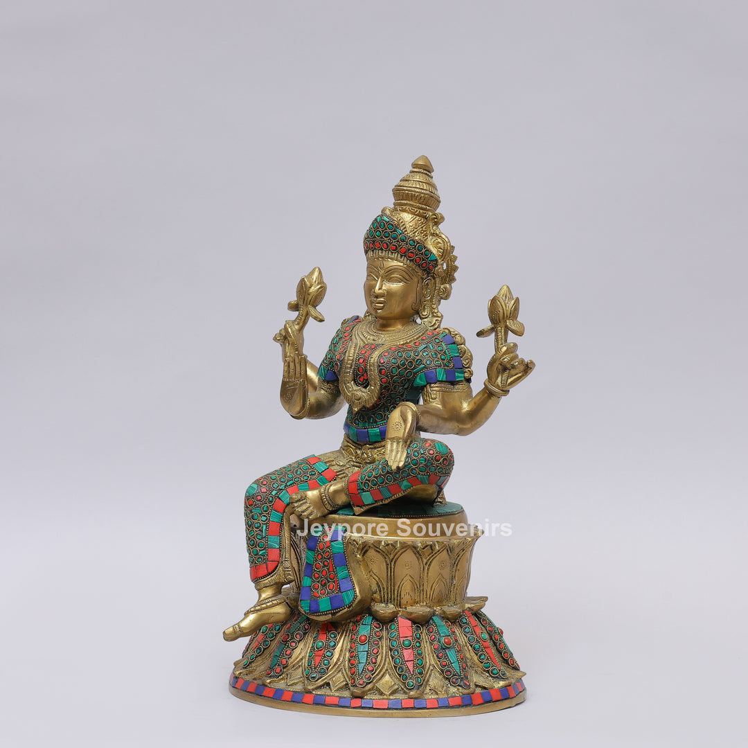Handcrafted Brass Goddess Lakshmi Statue with Turquoise &amp; Red Inlay