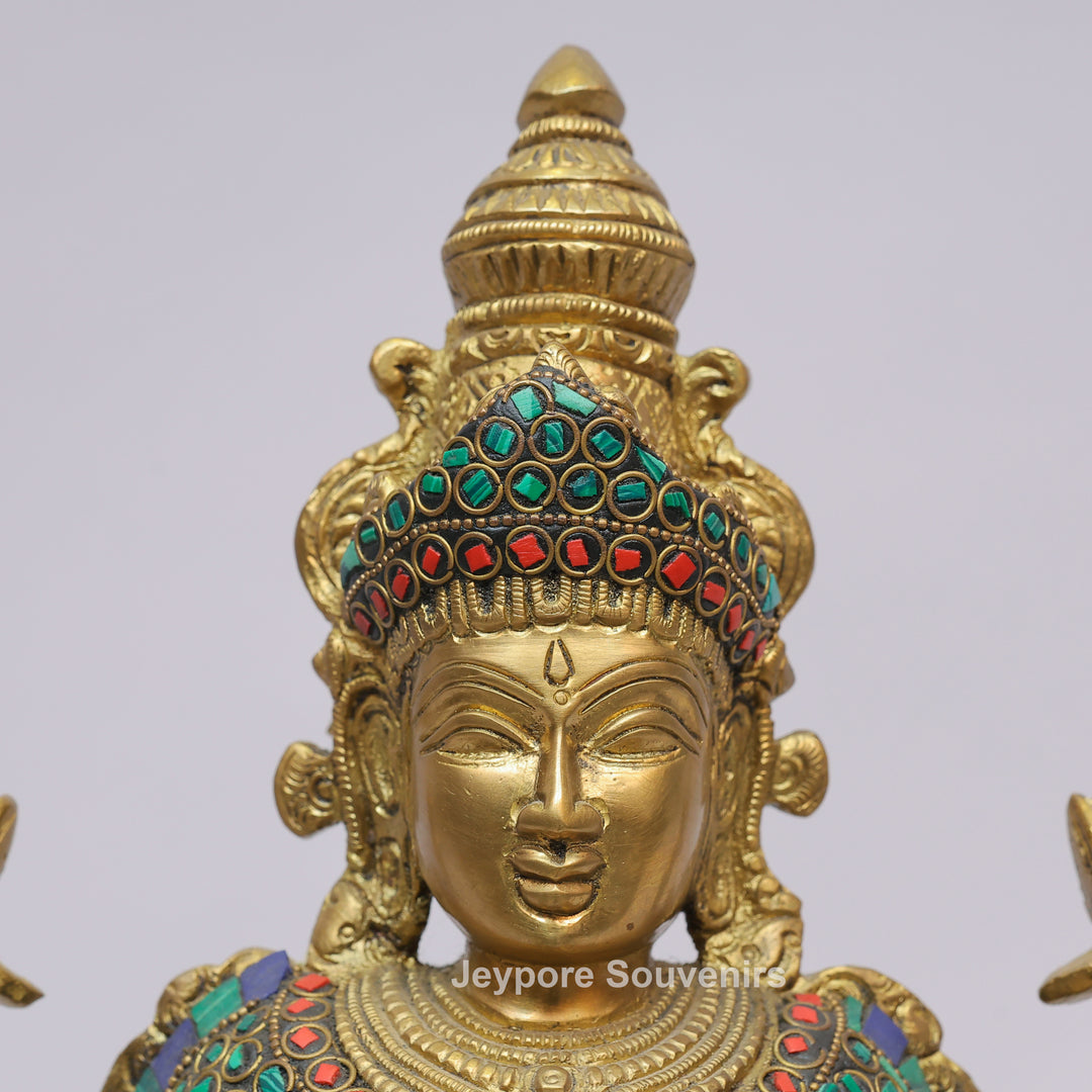 Handcrafted Brass Goddess Lakshmi Statue with Turquoise &amp; Red Inlay