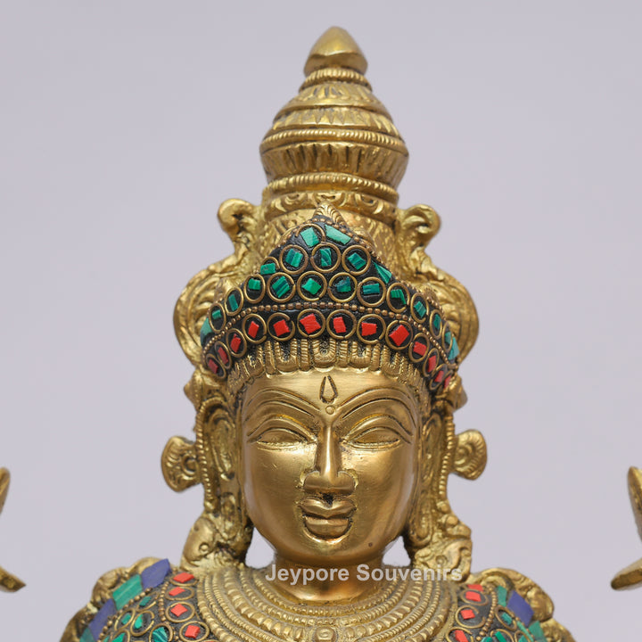 Handcrafted Brass Goddess Lakshmi Statue with Turquoise &amp; Red Inlay