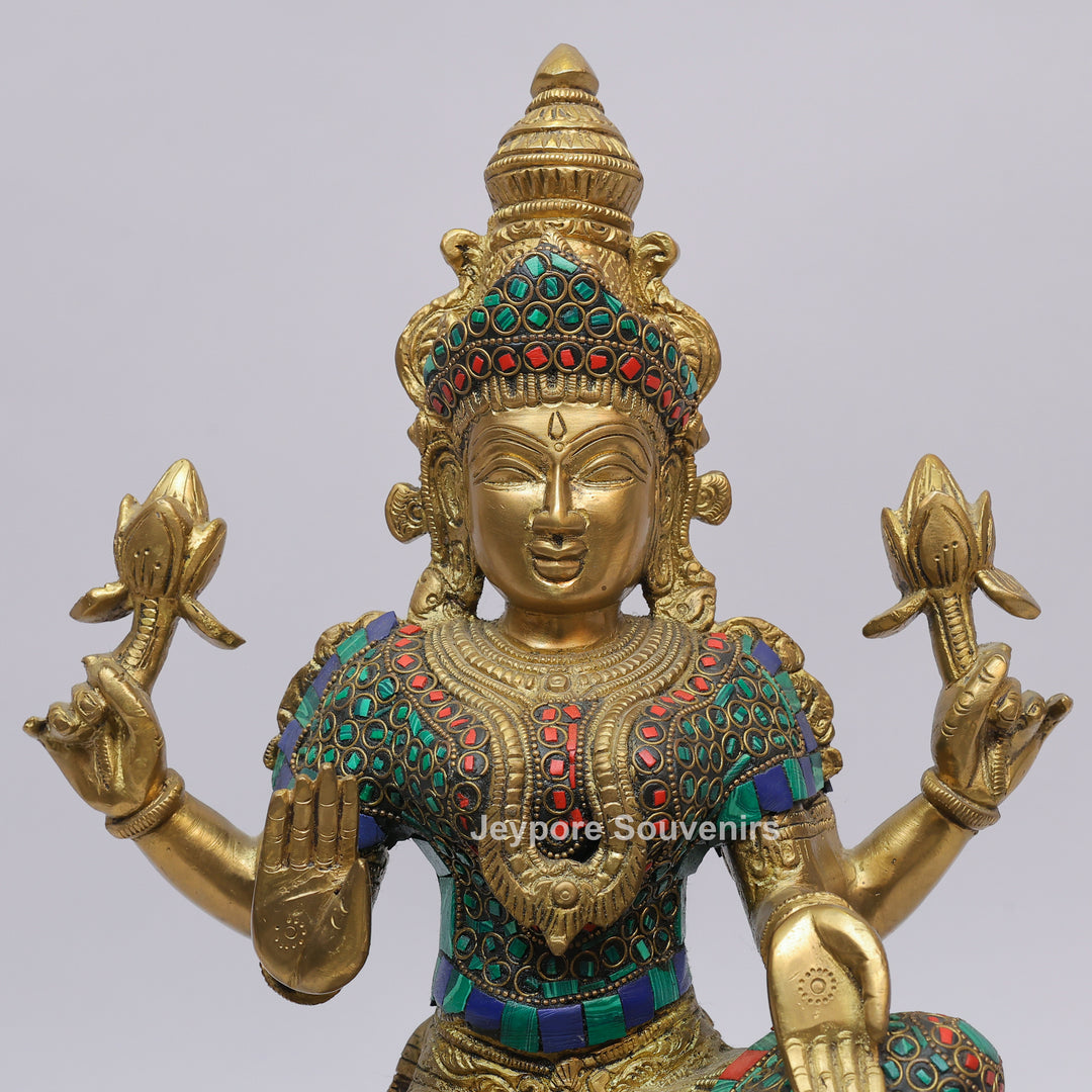 Handcrafted Brass Goddess Lakshmi Statue with Turquoise &amp; Red Inlay