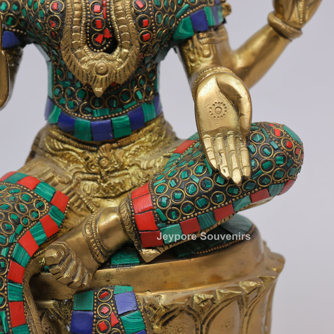 Handcrafted Brass Goddess Lakshmi Statue with Turquoise &amp; Red Inlay