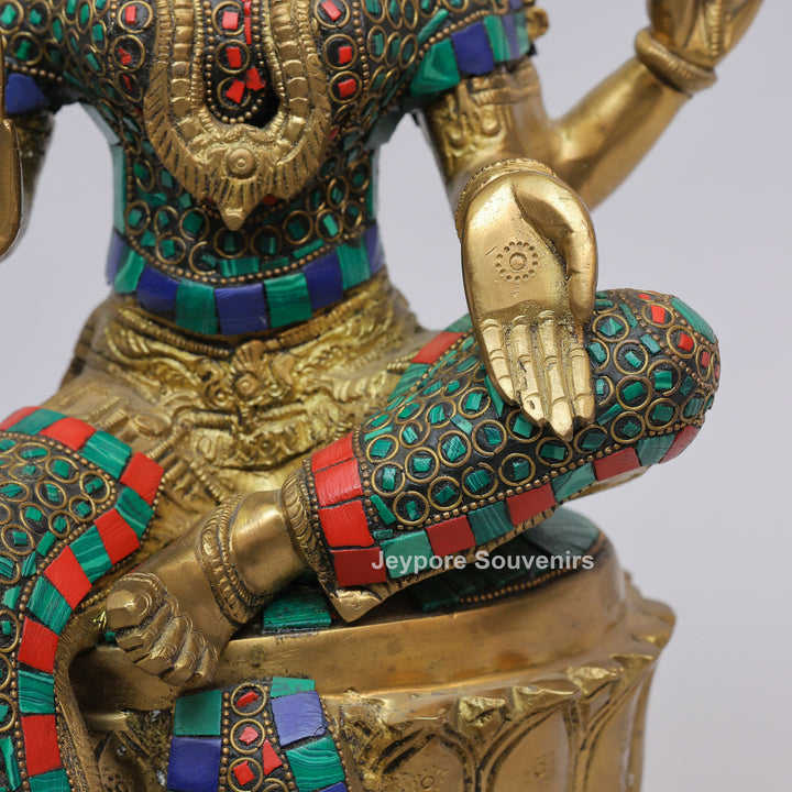Handcrafted Brass Goddess Lakshmi Statue with Turquoise &amp; Red Inlay