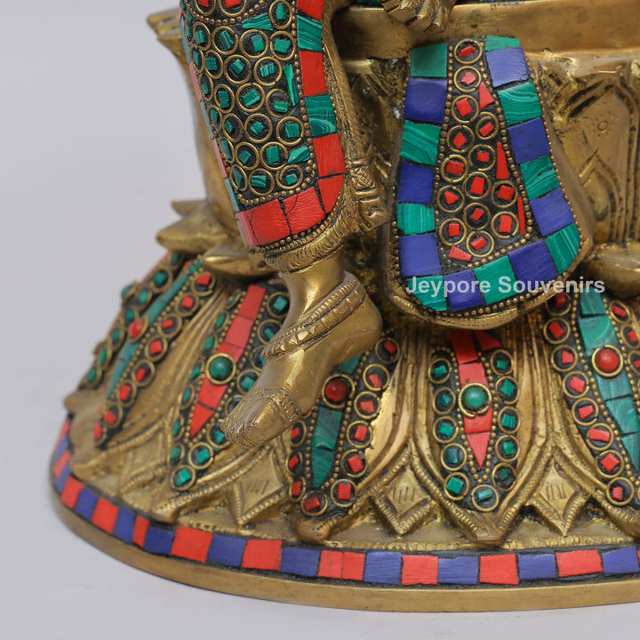 Handcrafted Brass Goddess Lakshmi Statue with Turquoise &amp; Red Inlay