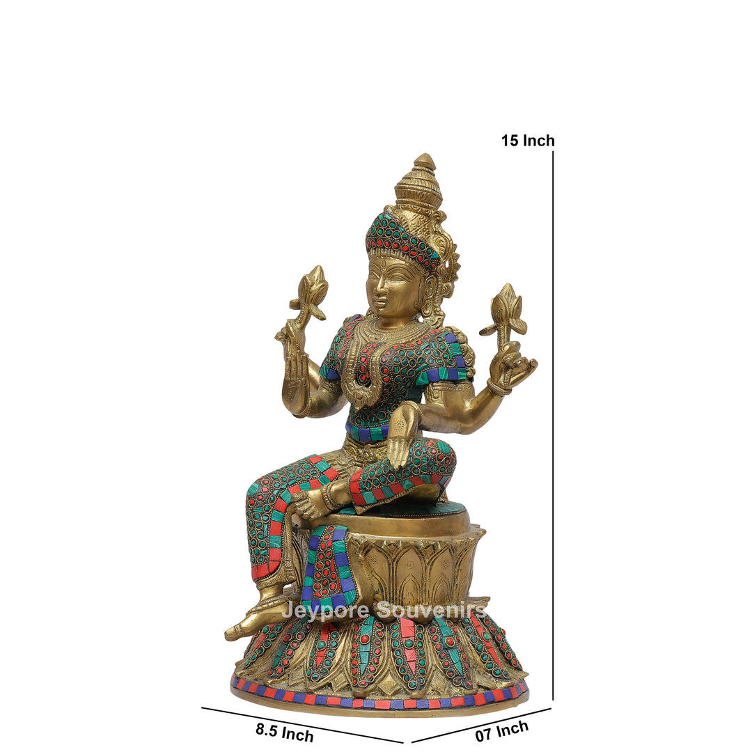 Handcrafted Brass Goddess Lakshmi Statue with Turquoise &amp; Red Inlay
