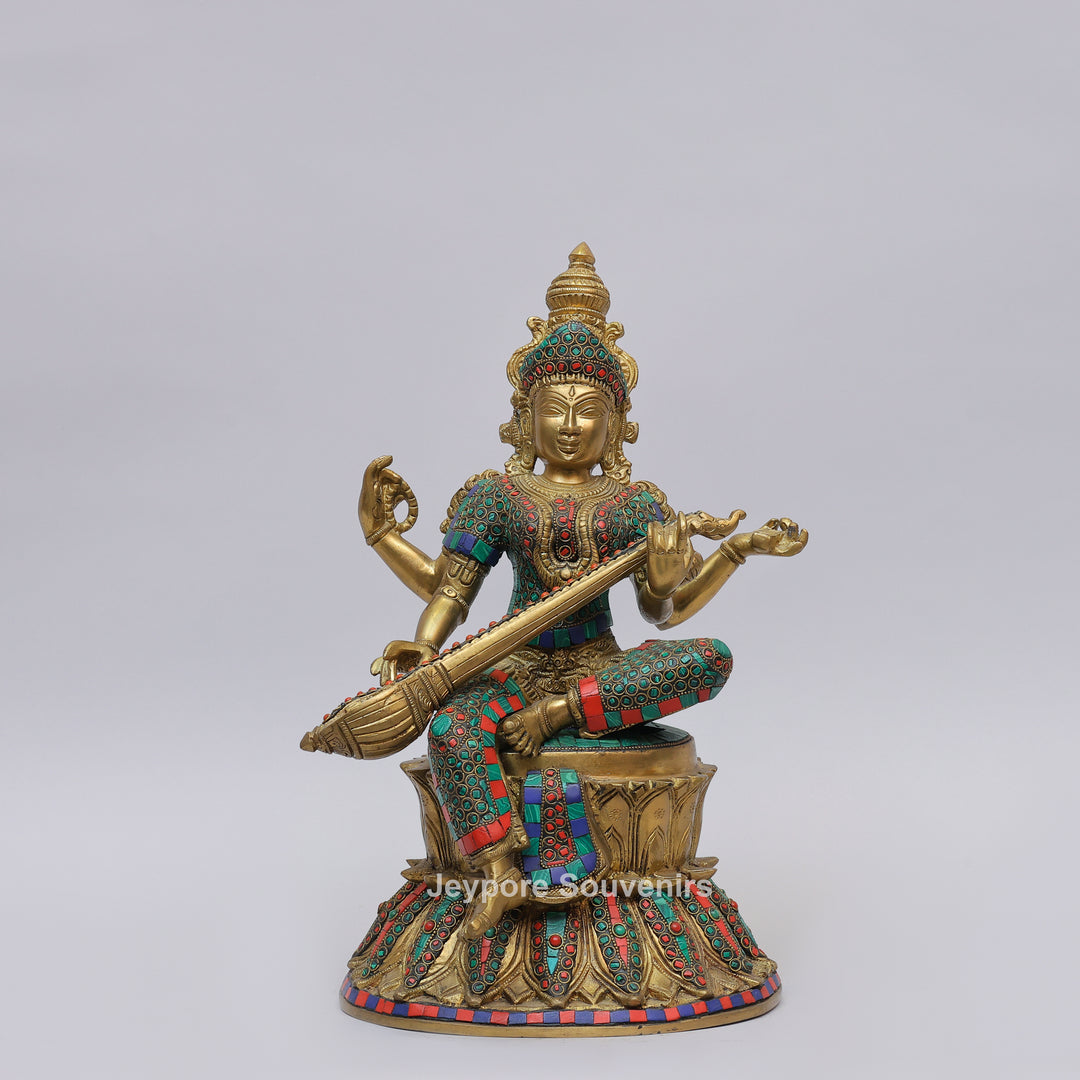 Handcrafted Brass Goddess Saraswati Statue with Veena &amp; Stone Inlay