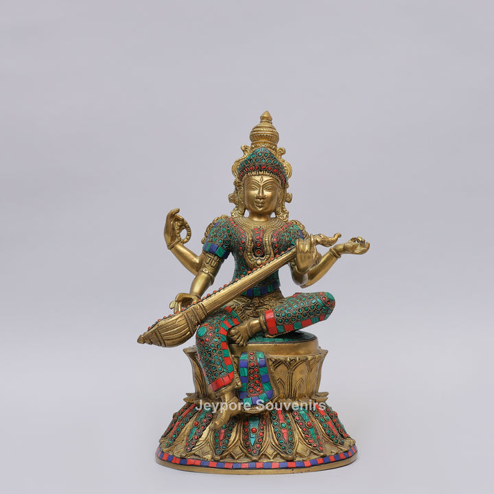 Handcrafted Brass Goddess Saraswati Statue with Veena &amp; Stone Inlay