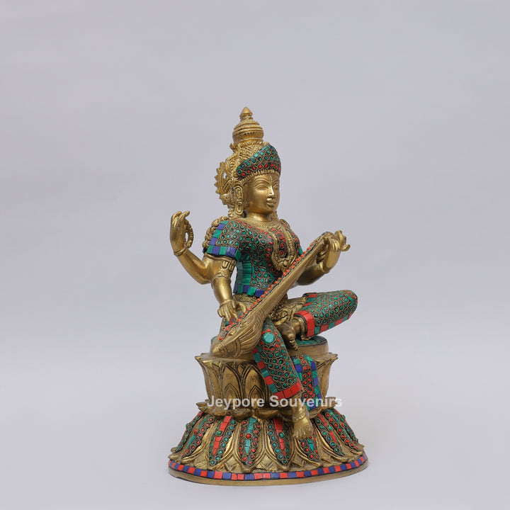 Handcrafted Brass Goddess Saraswati Statue with Veena &amp; Stone Inlay