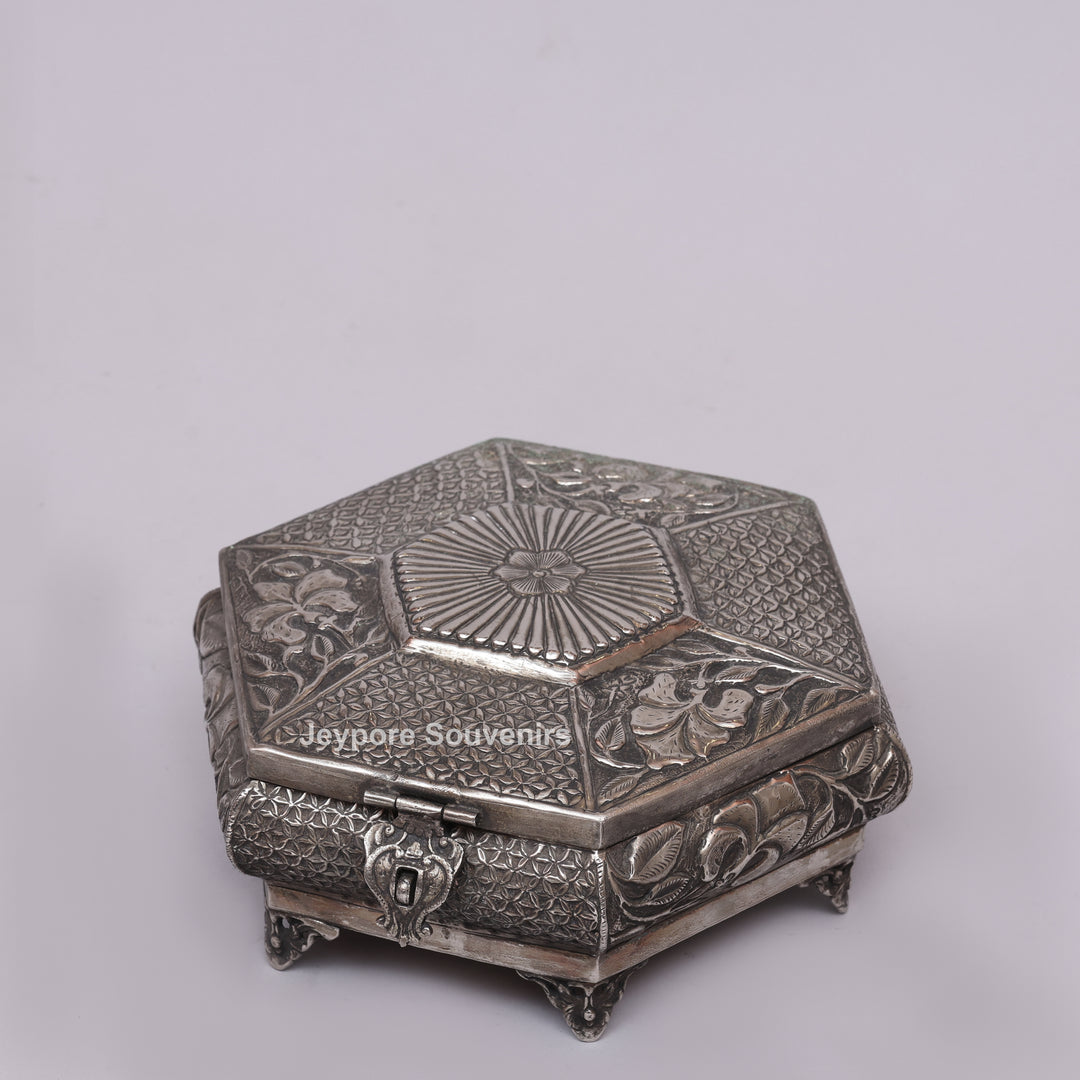 Handcrafted Silver Polished Octagonal Shape Jewelry Box
