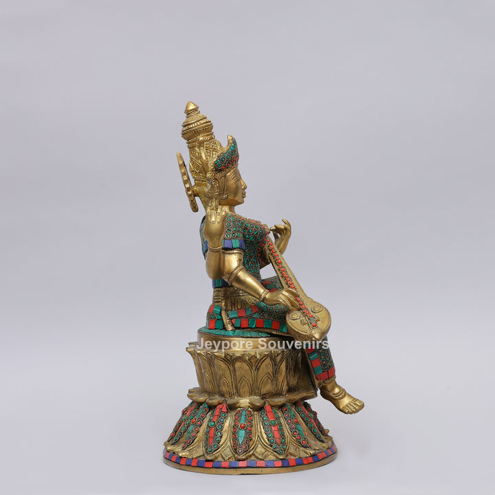 Handcrafted Brass Goddess Saraswati Statue with Veena &amp; Stone Inlay