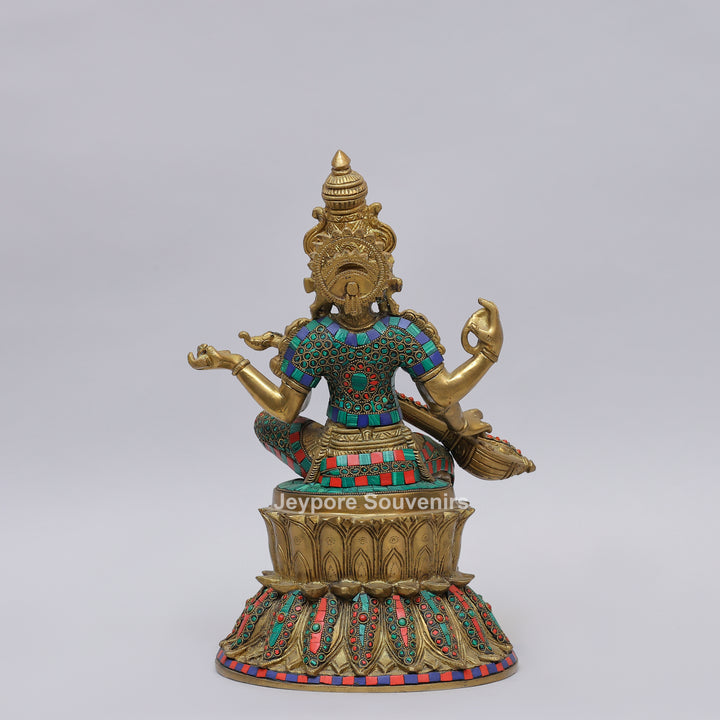Handcrafted Brass Goddess Saraswati Statue with Veena &amp; Stone Inlay