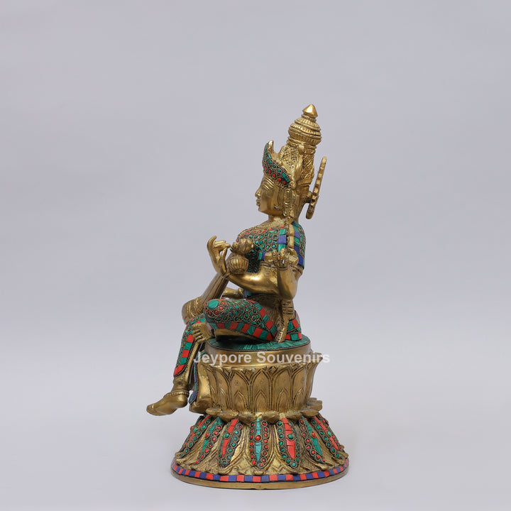 Handcrafted Brass Goddess Saraswati Statue with Veena &amp; Stone Inlay