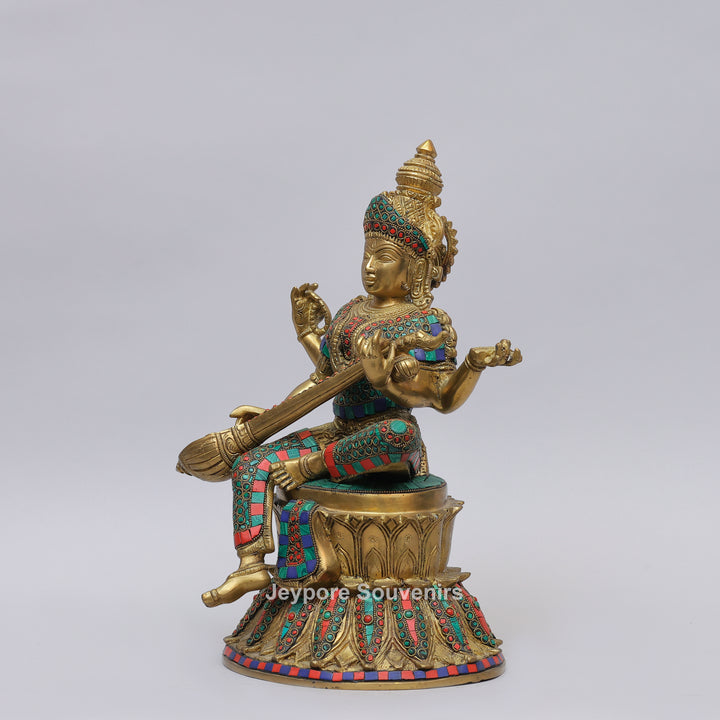 Handcrafted Brass Goddess Saraswati Statue with Veena &amp; Stone Inlay