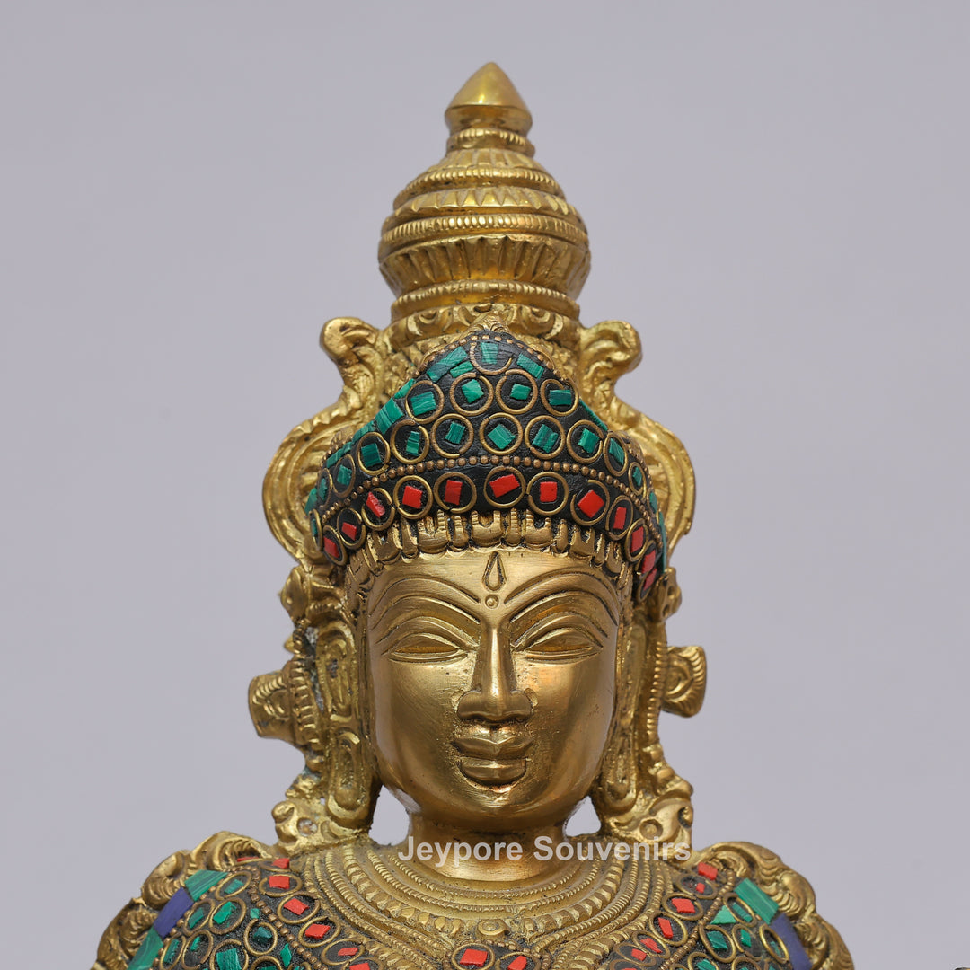 Handcrafted Brass Goddess Saraswati Statue with Veena &amp; Stone Inlay